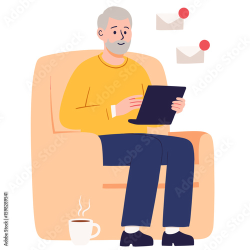 Grandfather checking email. Elderly man using laptop. Senior reading message online. Old man browsing internet. Elderly set