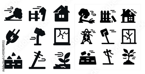 Natural disaster solid icons set – silhouette, emergency, environmental impact symbols