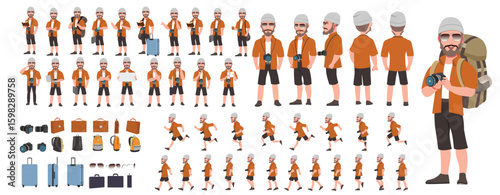 Traveler character model sheet, Character poses, expressions, Walk cycle, Run cycle animated character sequences.