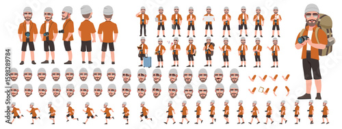 Traveler character model sheet, Character poses, expressions, Walk cycle, Run cycle animated character sequences.