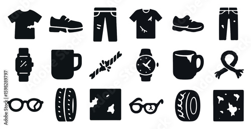 Clothing and accessories solid icons set – silhouette, fashion, garment symbols