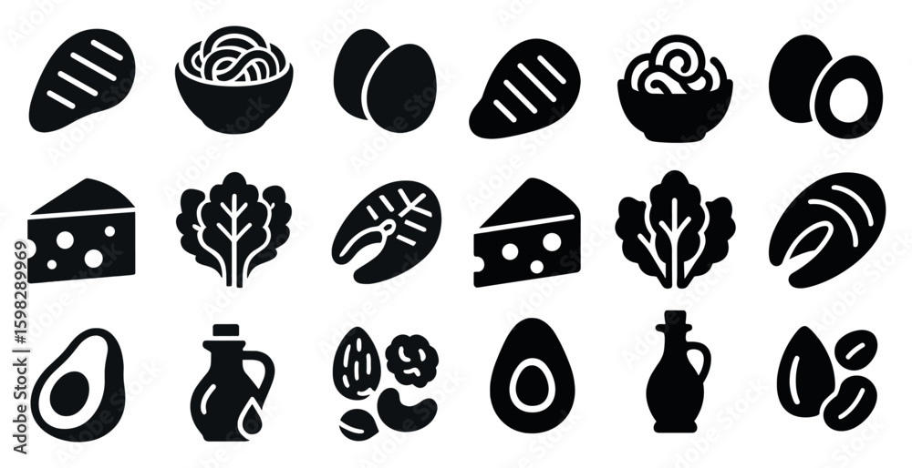Fototapeta premium Food and dining silhouette icons set – solid, filled, culinary and kitchen symbols