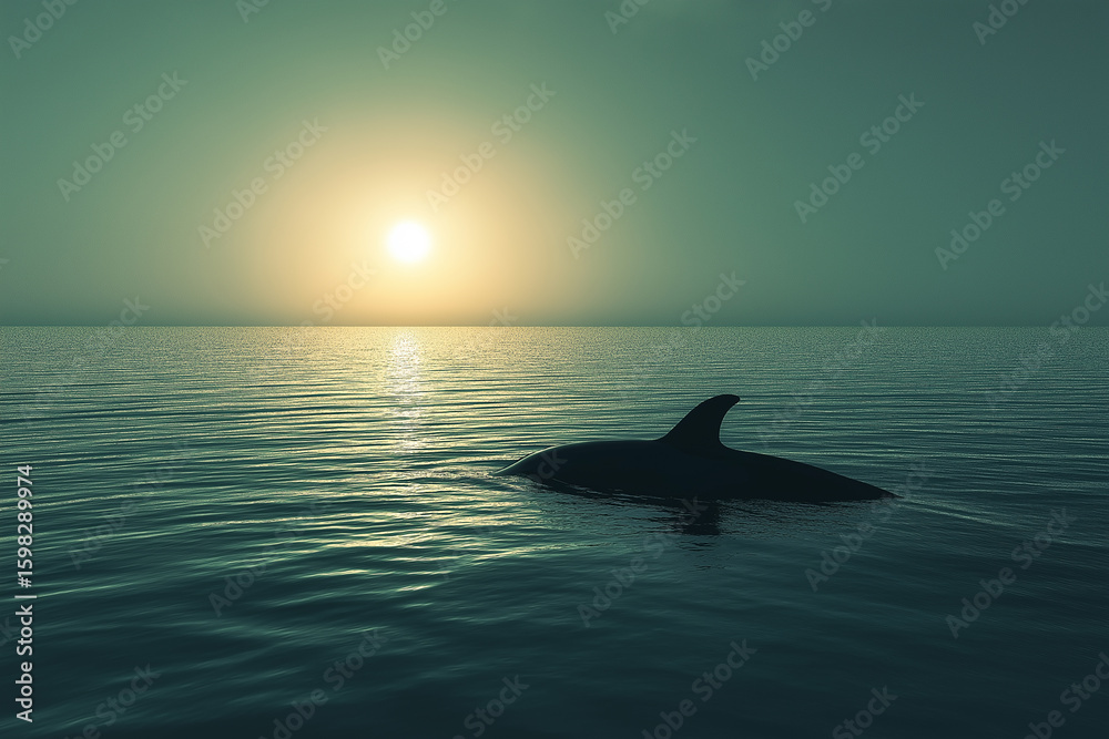 Fototapeta premium Dolphin silhouette at sunset over the ocean with nature and wildlife in tranquil sea