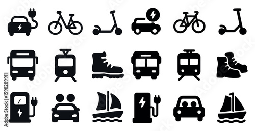 Transportation and mobility icons set – silhouette, outline, travel and commuting