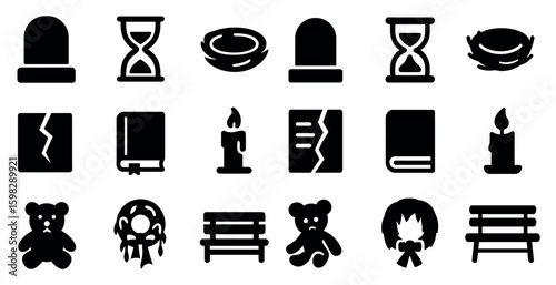 Memorial solid icons set – silhouette, filled, remembrance and tribute symbols