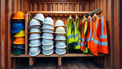 A wooden shelf filled with safety helmets and vests inside a wooden container for construction workers