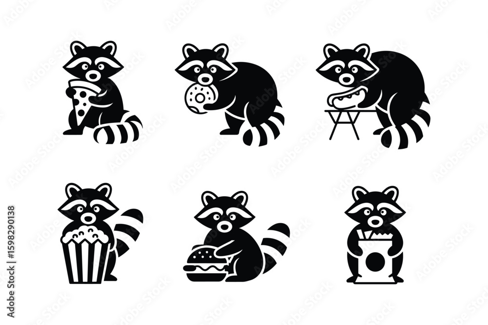 Obraz premium Raccoons enjoying various food items pizza donut