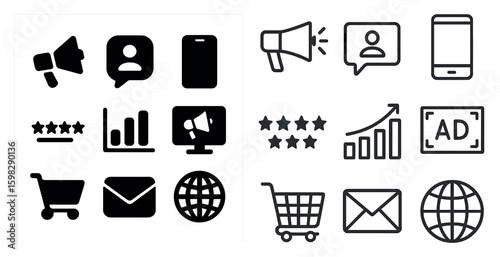 Marketing and advertising icons set – solid, filled, business and promotion symbols