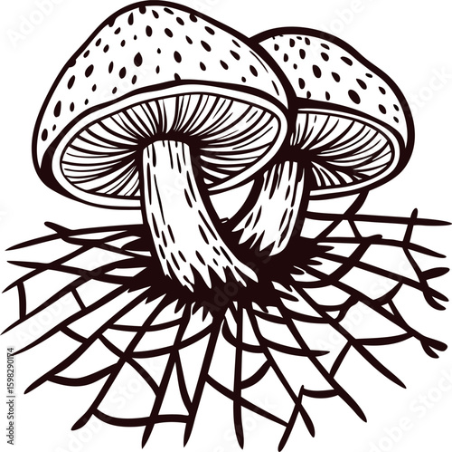 Detailed black and white drawing of two wild mushrooms with exposed roots and textured caps on white background