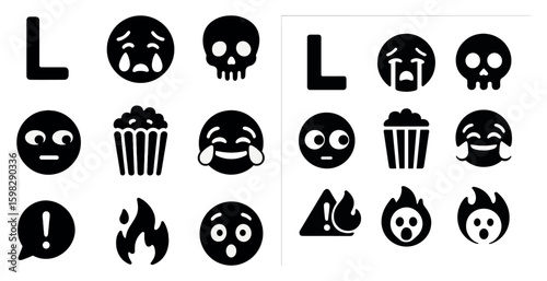 Emoji solid icons set – flat, filled, expressive face and mood symbols