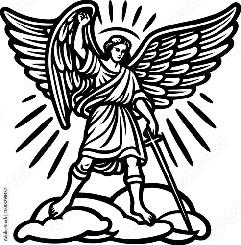 Wallpaper Mural Archangel with raised sword standing on clouds, radiant halo, and outstretched wings line art illustration Torontodigital.ca