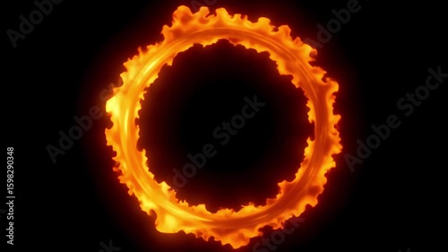 A fiery ring of bright orange flames isolated against a stark black background in a dynamic display