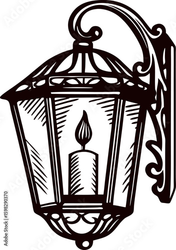 Vintage engraved illustration of a classic wall mounted lantern with candlelit interior and ornate decorative details