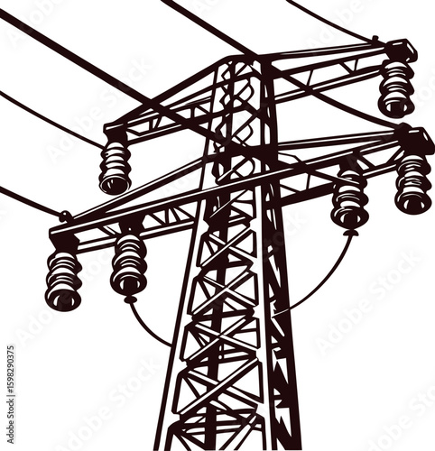 High voltage transmission tower with insulators and electric power lines  illustration