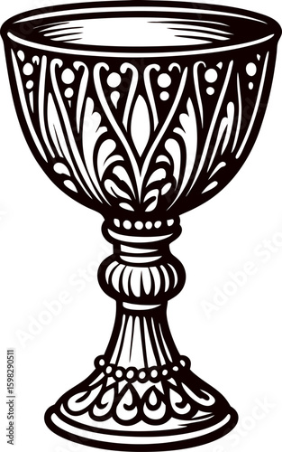 Ornate antique chalice cup with intricate leaf and bead pattern hand drawn black and white vintage illustration