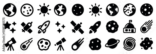 Astronomy and space icons set – silhouette, celestial, planetary symbol designs