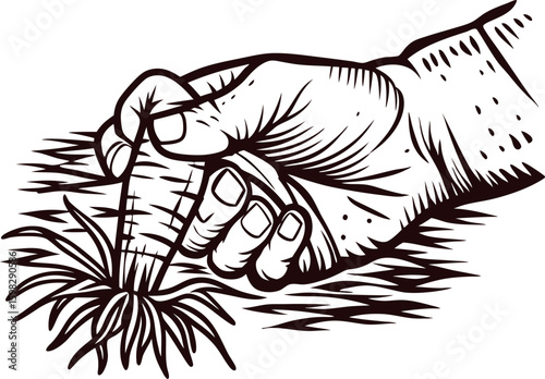 Hand pulling carrot from soil vintage engraved illustration of harvest and root vegetable farming concept