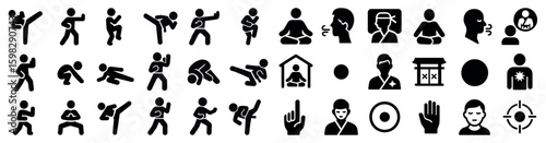 Martial arts silhouette icons set – solid, combat, self-defense symbols