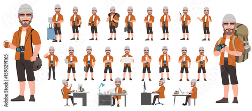 Traveler character model sheet, Character poses, expressions, Walk cycle, Run cycle animated character sequences.