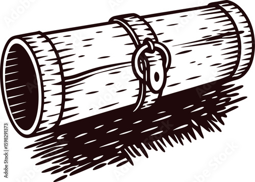 Hand drawn wooden scroll case with clasp vintage engraved bamboo tube container sketch illustration