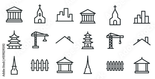 Architecture outline icons set – linear, building, urban design illustrations