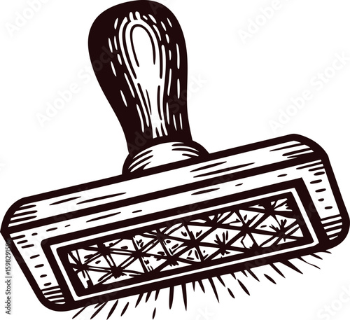 Hand drawn wooden wire brush with handle vintage engraving illustration isolated on white background