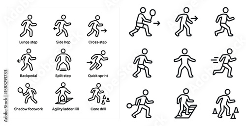 Exercise and fitness icons set – outline, silhouette, workout and training symbols