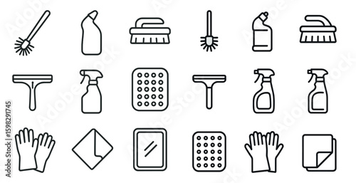 Cleaning essentials linear icons set – outline, hygiene, sanitation symbols