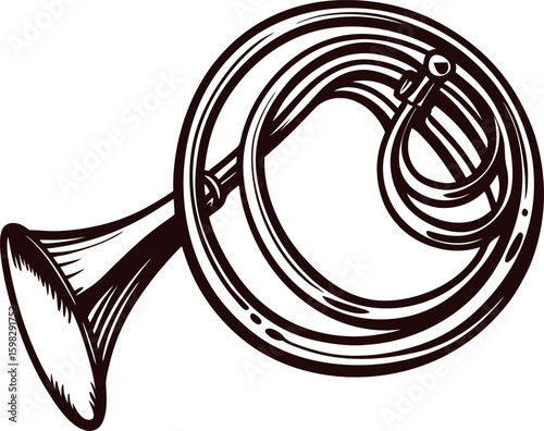 Hand drawn vintage french horn illustration in black and white, curled brass wind instrument sketch