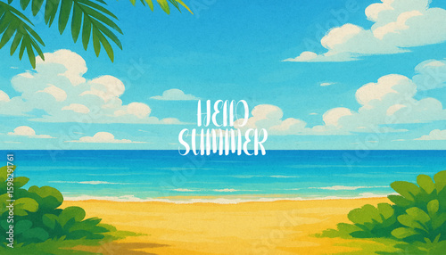 Abstract summer background poster vector. Minimal hand drawn wallpaper design with coconut tree, sunset, sea, beach. Ocean painting for summer season, wall decoration, interior, background.