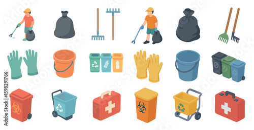 Waste management isometric icons set – recycling, cleaning, sanitation symbols