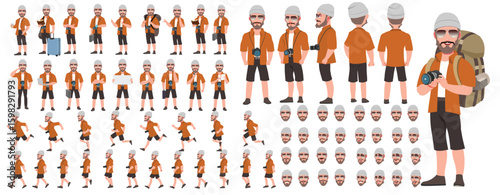 Traveler character model sheet, Character poses, expressions, Walk cycle, Run cycle animated character sequences.
