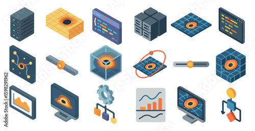 Data and technology icons set – isometric, 3d, digital and network symbols