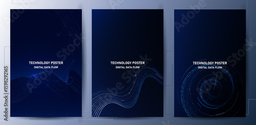 Tech Poster Set. Abstract digital wave technology background. Cyber tech Big data concept,Data Science, corporate business concept