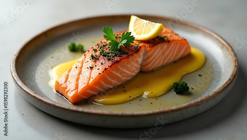 Grilled Salmon Fillet with Lemon and Dill on a White Plate