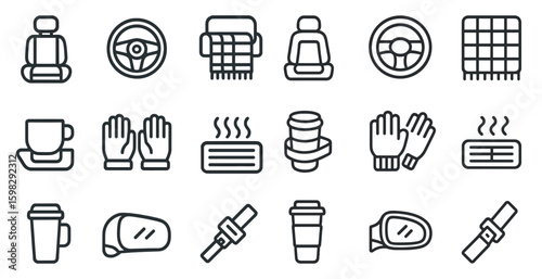 Car comfort outline icons set – vehicle, travel essentials, auto symbols