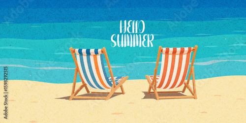 Abstract summer minimal horizontal poster, cover, banner, card with bright sea, blue sky and striped beach chairs. Summer holidays, journey, vacation travel illustration.