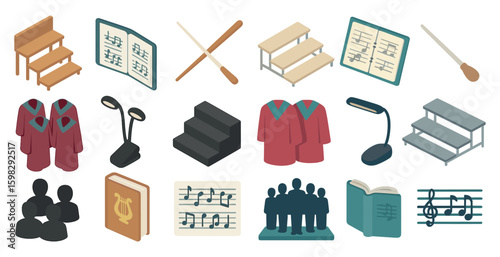 Music and choir line icons set – flat, musical symbols and performance elements