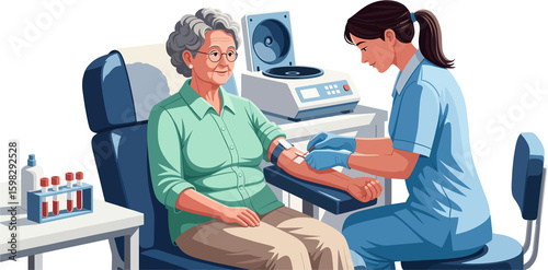 Illustration of a nurse taking a blood sample from a senior patient in an medical office setting. Blood sample collection from an elderly woman in a modern clinic. Geriatric Care concept