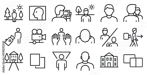 Outline icons set for photography and videography – camera, film, media symbols