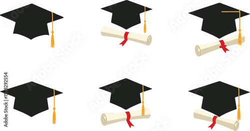 Vector art of graduation caps with diplomas isolated on white background represent educational achievements