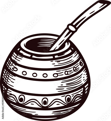 Hand drawn wooden mate gourd with bombilla in engraving isolated on white background