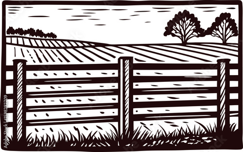 Rustic wooden fence in front of rolling farmland fields with trees and grass in vintage engraved drawing