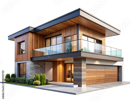  Luxury Two-Story Villa with Balcony and Garage – Architectural 3D Model Isolated on transparent.