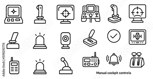Aviation and cockpit control icons set – linear, outline, aircraft symbols