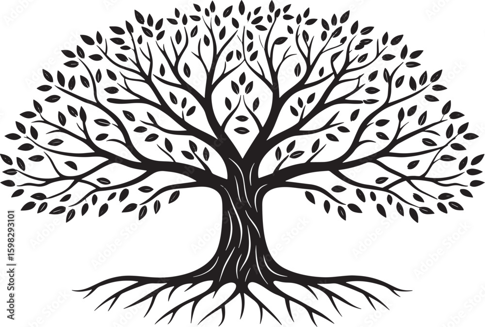Obraz premium Black silhouette of a mature tree with roots and leaves