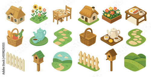 Garden and home isometric icons set – landscaping, outdoor, decorative symbols