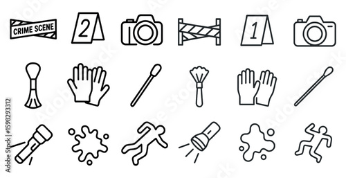Crime scene outline icons set – silhouette, investigation and forensic symbols