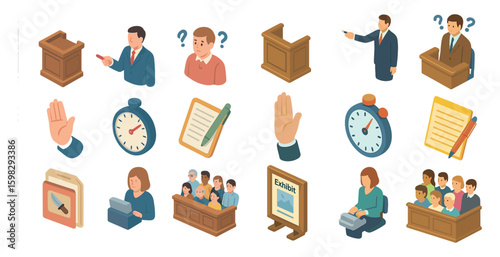 Courtroom and justice isometric icons set – legal, trial, law symbols