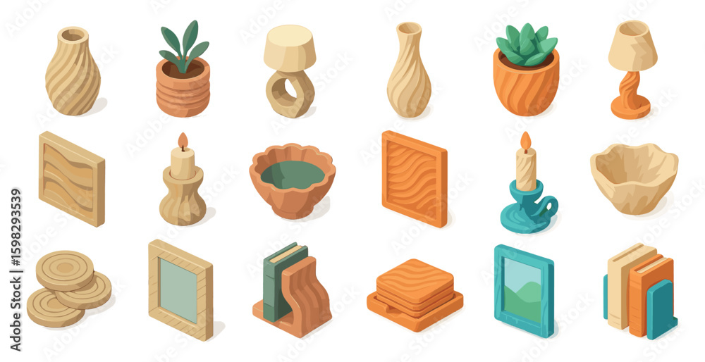 Fototapeta premium Home decor and lifestyle 3d icons set – isometric, furniture, decoration symbols